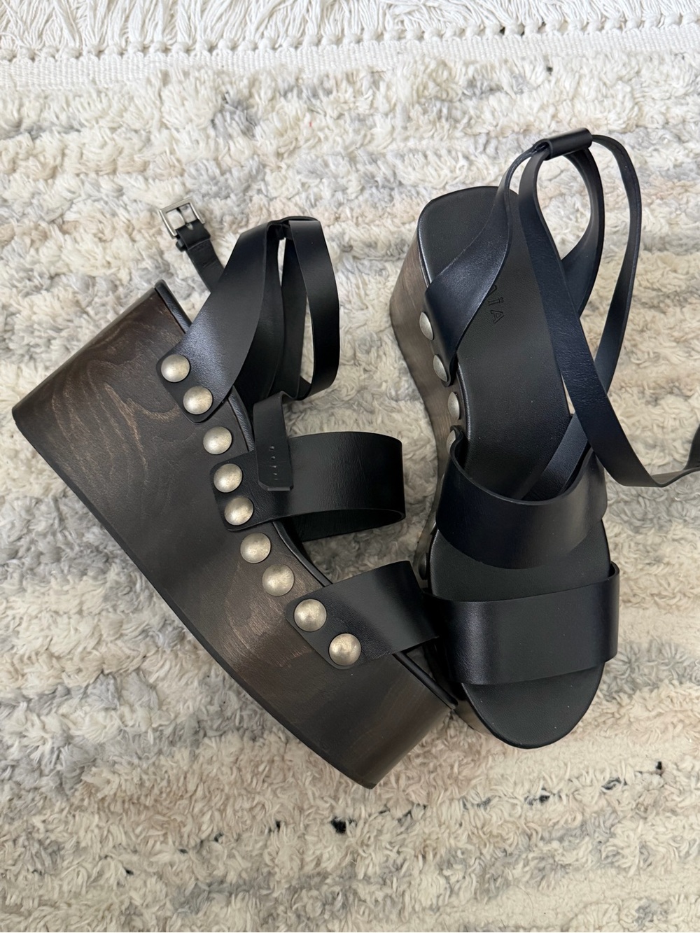 Alaïa Black Leather Platform Sandals with Silver Studs